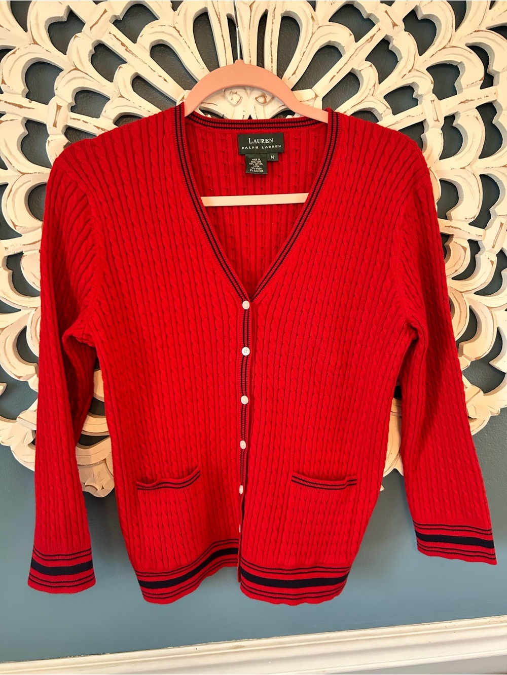 Ralph Lauren Red Cable-Knit V-Neck Cardigan with Navy Trim